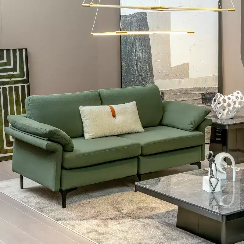 Modern Fabric Loveseat 2-Seat Sofa – High-Density Sponge, Metal Legs, Army Green