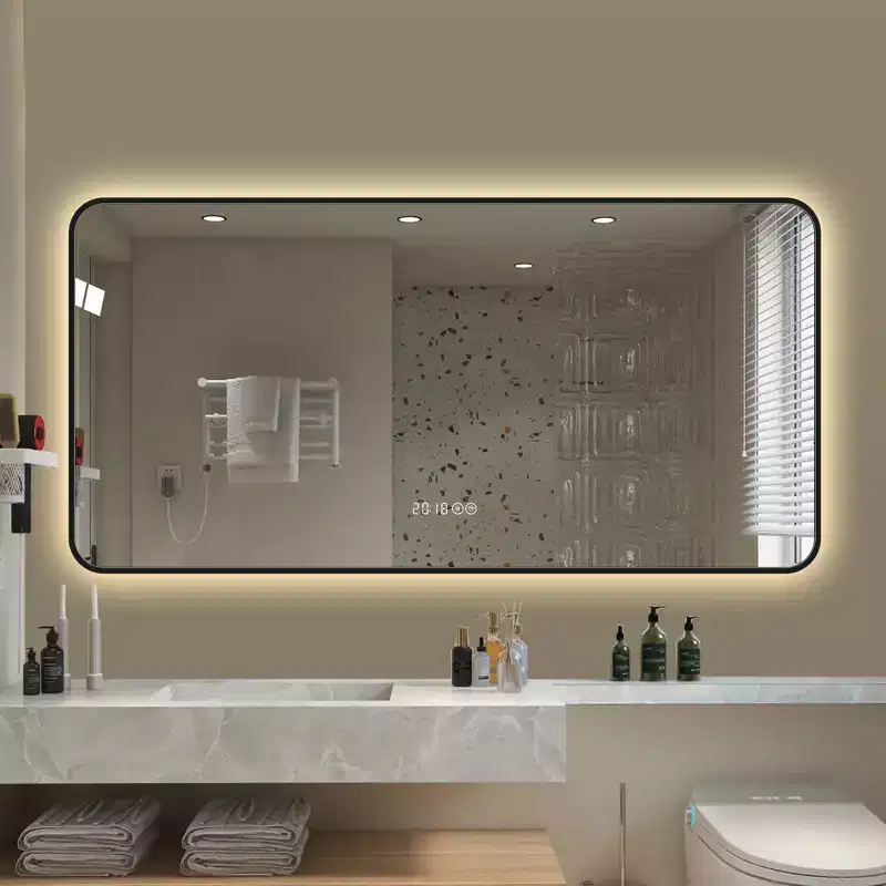 48 x 24 Inch Black Aluminum Alloy Frame Bathroom Vanity Mirror with Temperature Display Tri Color Light Defogging