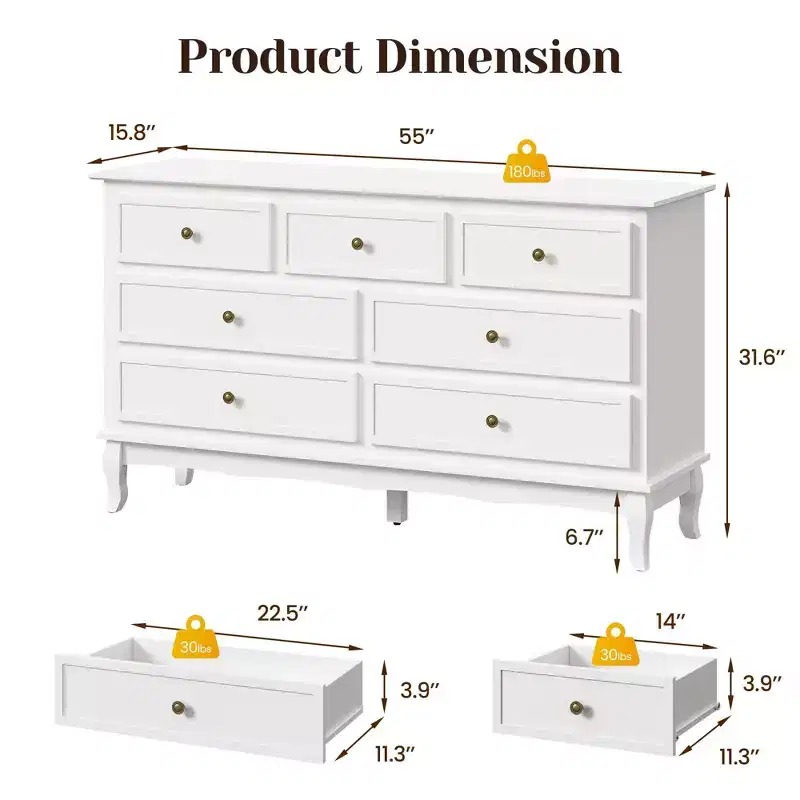 Modern 7-Drawer Sideboard, White Buffet Cabinet with Wood Legs
