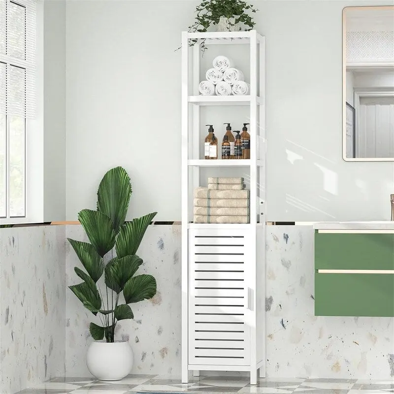 6 Tier 67 Inch Tall Floor Standing Slim Cabinet Organizer with Shutter Door and Open Shelves - 12.99D x 13.39W x 66.54H