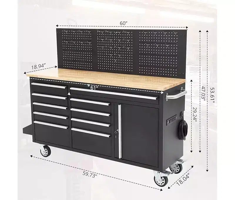 61-Inch 10-Drawer Rolling Tool Chest & Garage Workbench with Power Strip, Solid Rubber Wood Top, 1675 LBS Load Heavy Duty Mobile Workstation Cabinet