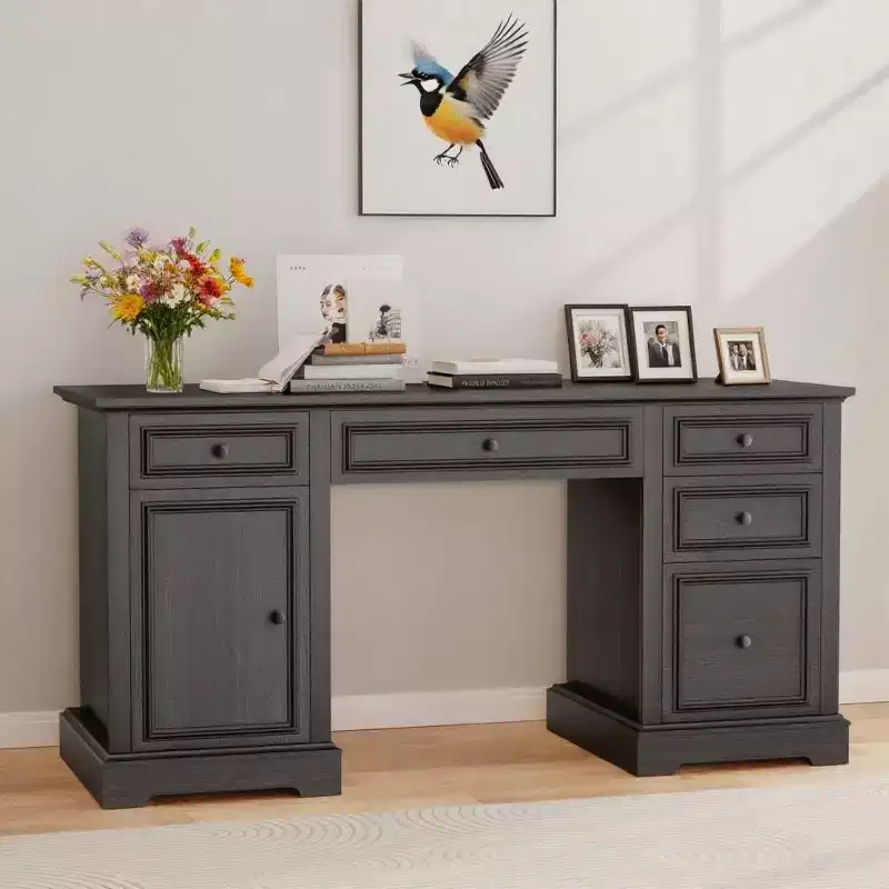 Dyonery 60 Farmhouse Executive Desk with Drawers and Cabinet, Embossed Texture Wood Home Office Desk, Rustic Computer Writing Desk, Brown