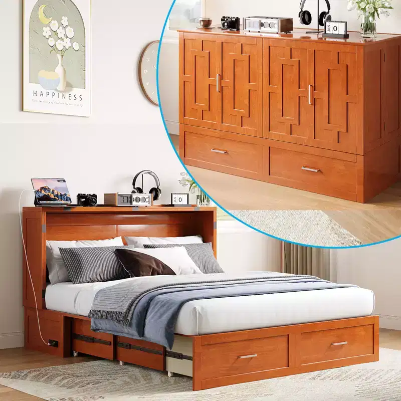 Murphy Bed Cabinet with Foldable Mattress, Queen Murphy Bed with Charging Station, Drawers