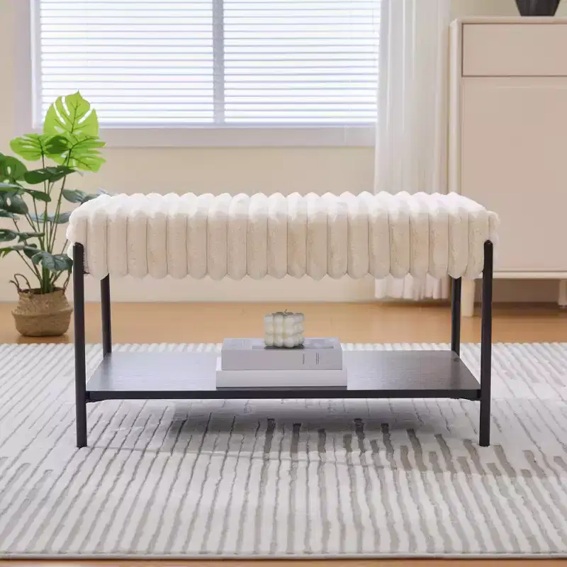 30.7W Upholstered Ottoman, Bedroom Bench for End of Bed, Footrest Stool Bench with Open Storage Shelf for Hallway Living Room Bedroom