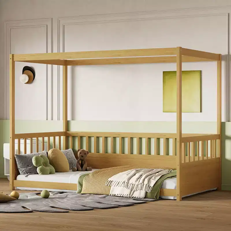 Four Poster Design Twin/Full Floor Bed Frame with Guardrails, Wooden Canopy Beds for Kids Room, Bedroom