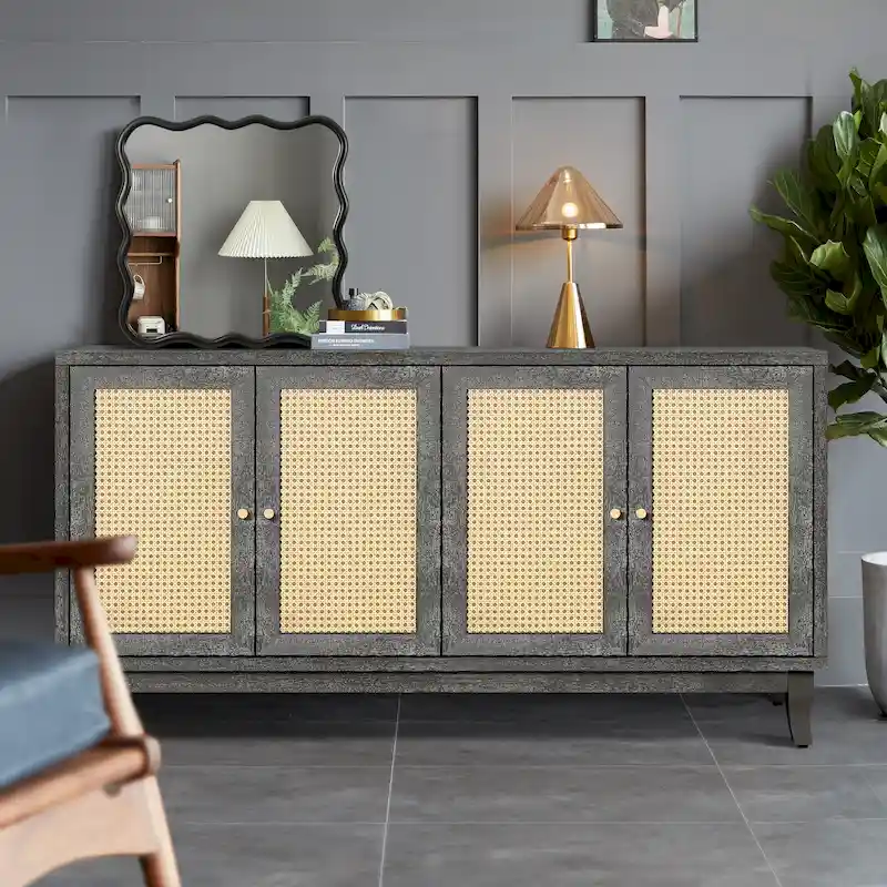 Modern Accent Storage Cabinet Sideboard Wooden Cabinet Console Table with 4 Doors and Adjustable Shelves