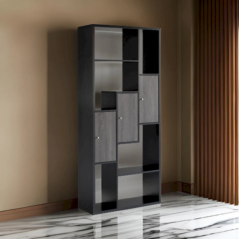 69 Inch Modern Display Cabinet with 7 Multilevel Shelves, 3 Doors, Black