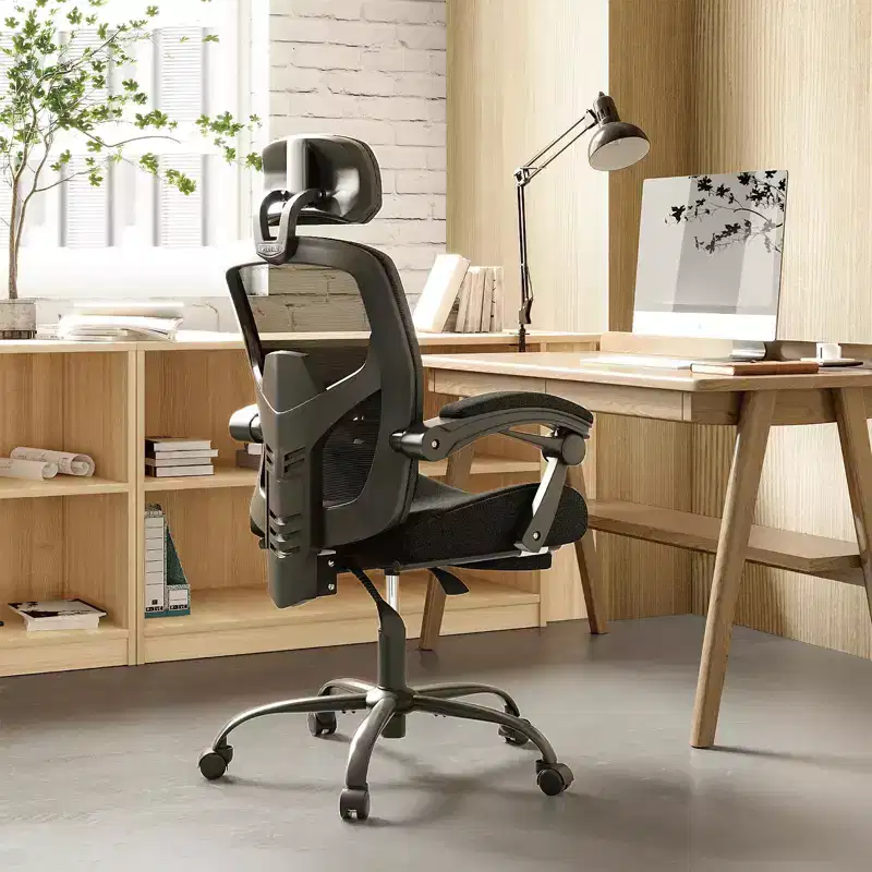 Ergonomic Office Chair with Retractable Footrest, Computer Chair with Lumbar Support Pillow and Padded Armrests, Swivel Chair for Office
