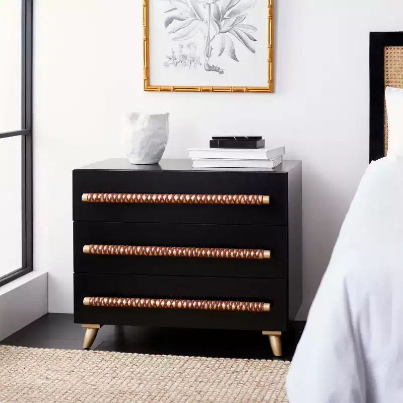 3-Drawer Chest in Black and Gold with Tapered Legs