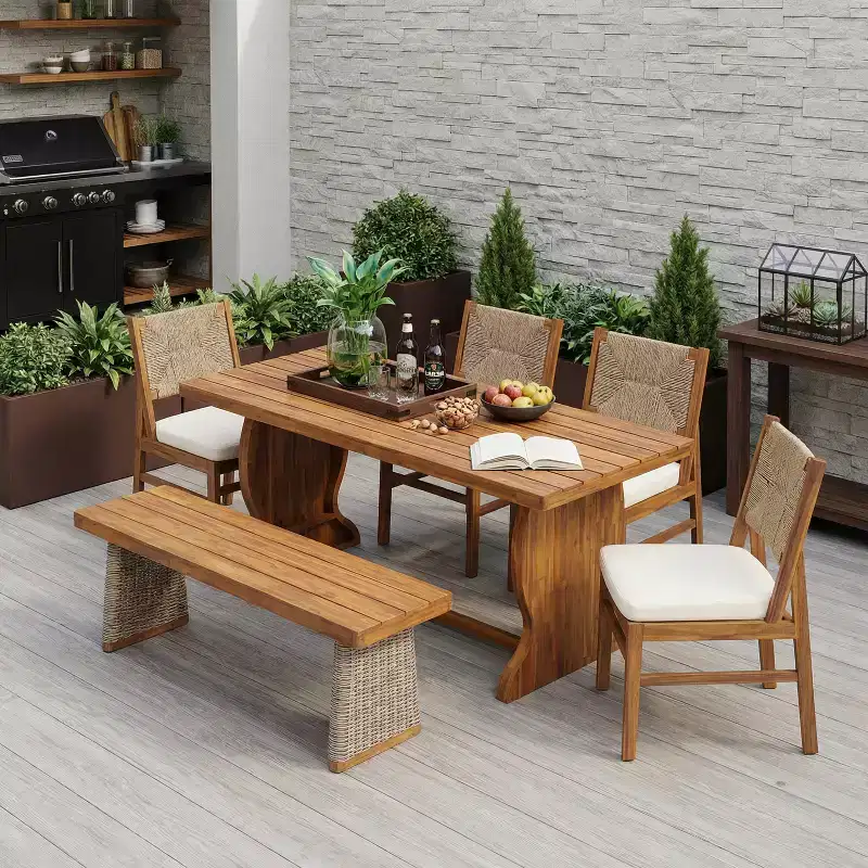 Christopher Knight Home Zola Modern 6 Piece Patio Acacia Dining Chairs with Wicker Backrest and Slatted Table Set