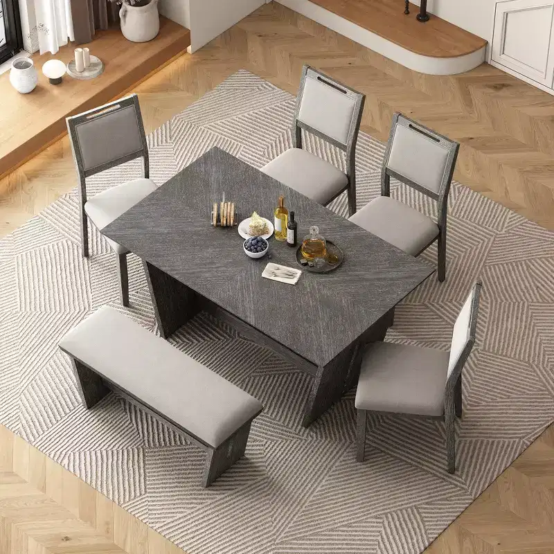 Whisen 6-Piece Retro Kitchen Dining Table Set for 6, Wood Kitchen Table and Chairs Set with Bench, Trestle Base, Soft Cushion