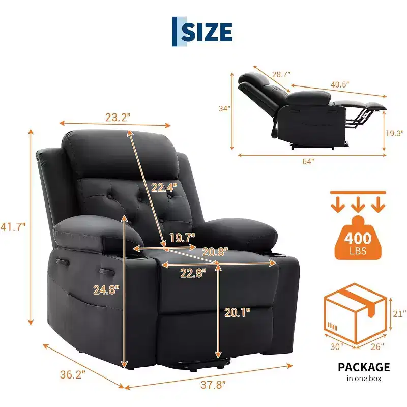Oversized Power Lift Recliner Chair for Living Room,Black PU Leather Seat, Vibration Massage, Lumbar Heat,Dual Cup Holders,Side Pockets,Mobility Aid