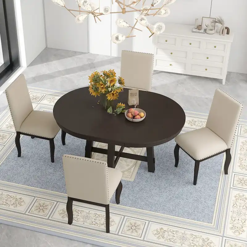 5-Piece Extendable Dining Table Set with Upholstered Chairs