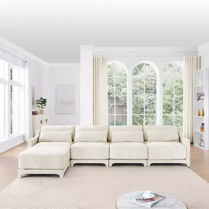 4-Seater Chenille Fabric Beige Sofa with 1 Movable Ottoman High Resilient Sponge Easy Install