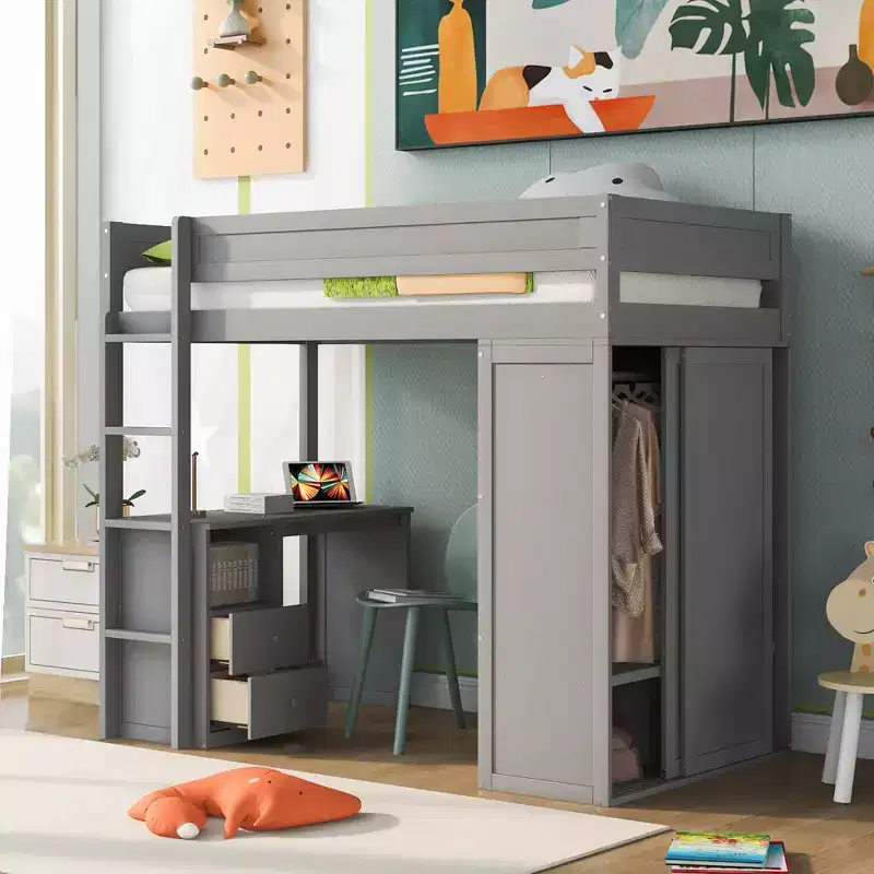 Wood Loft Bed with Wardrobes and 2-Drawer Desk with Cabinet-ModernLuxe