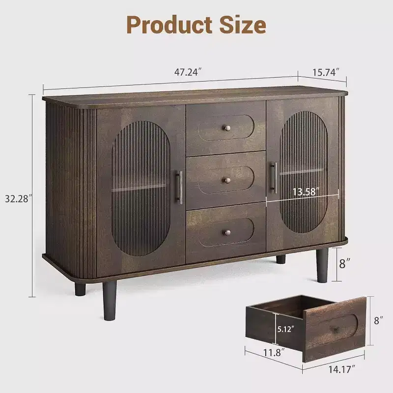 47-Inch Sideboard Buffet Cabinet with Fluted Glass Doors and Three Drawers, Adjustable Shelves, Modern Mid-Century Credenza, Storage Solution