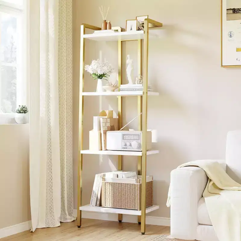 4-Tier Gold Bookshelf, Narrow Display Shelf with Marble-Textured Shelves and Metal Frame, Bookcase for Bedroom or Office