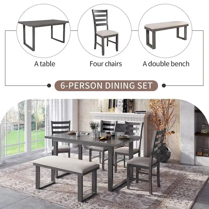 60 Rectangular Solid Wood Dining Table with 4 Upholstered Chairs and Bench