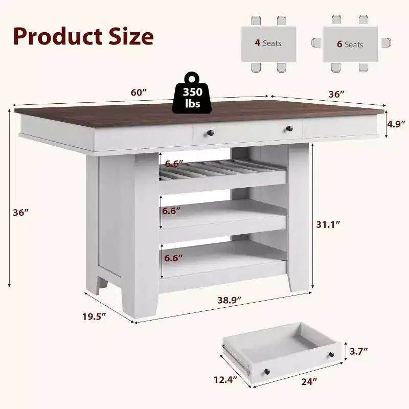 Acekool Counter Height Dining Table, 36 Tall, Farmhouse Rectangular Table with Storage, Wine Rack, Drawers, Easy Assembly,