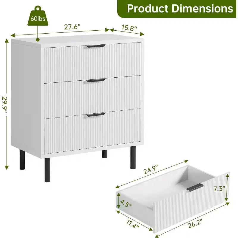 Modern Chest of Drawers with Metal Legs, 3 Drawers Dresser, Wood Nightstand with Storage and Anti-Tipping Device, for Bedroom, Living Room, White