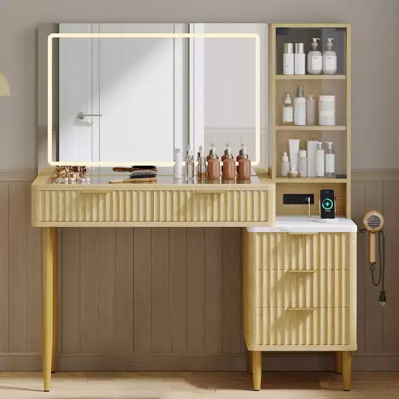 Oak Beige Vanity Desk with LED Mirror & Lights, 5 Drawers, 3 Shelves, Power Outlet – 1 Person