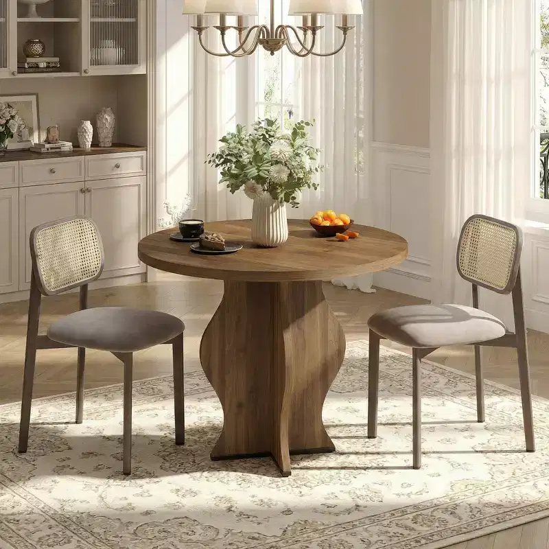 JVNOXK 31.5 Round Small Dining Table, Walnut Farmhouse Kitchen Table with Wave Pedestal, Space Saving Circle Table for Breakfast Nook, Dining Room