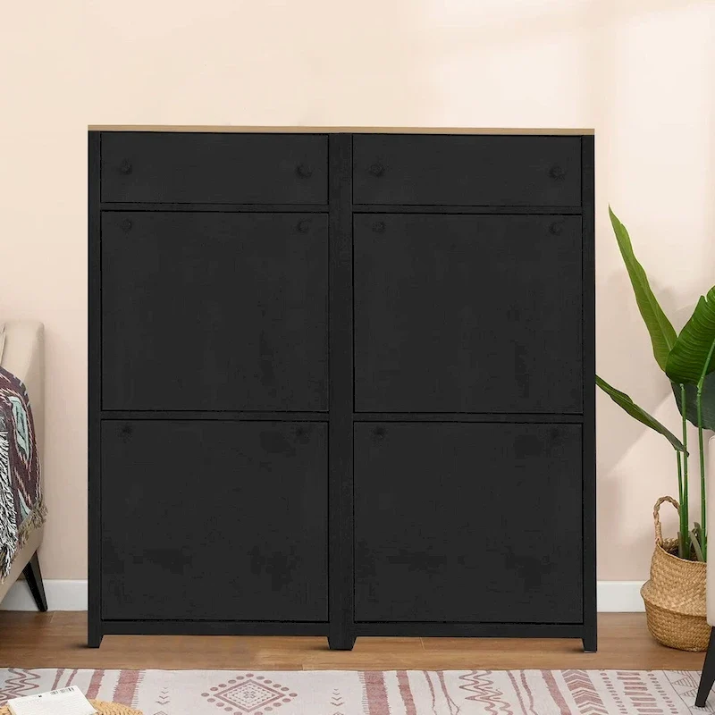 Modern Minimalist Set of Two Wooden Shoe Storage Cabinets