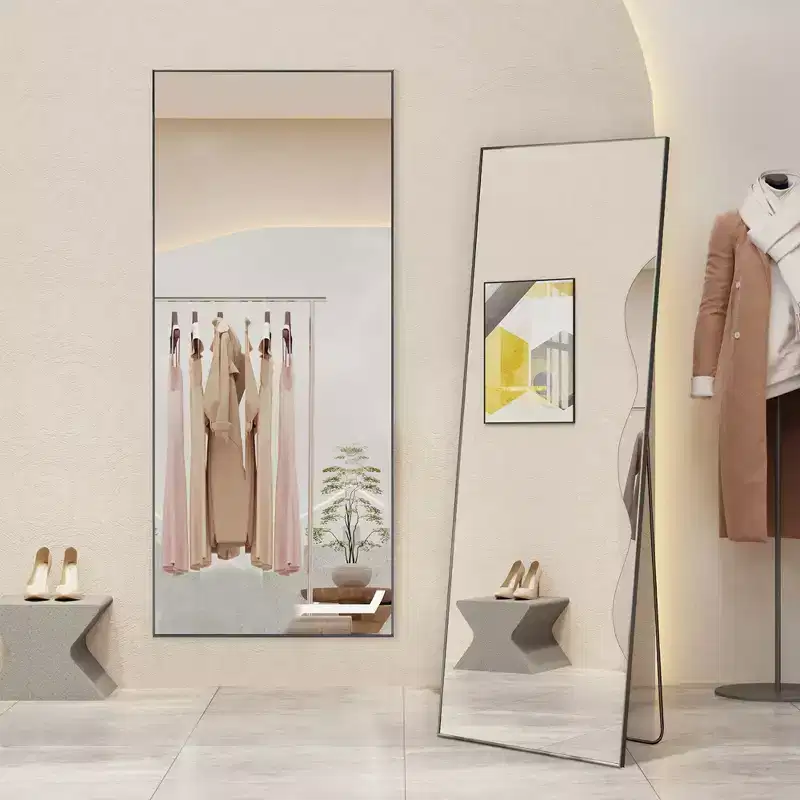 64 Inch Right Angle Floor Standing Full-Length Mirror, Wall Mirror with Bracket Aluminum Alloy Thin Frame
