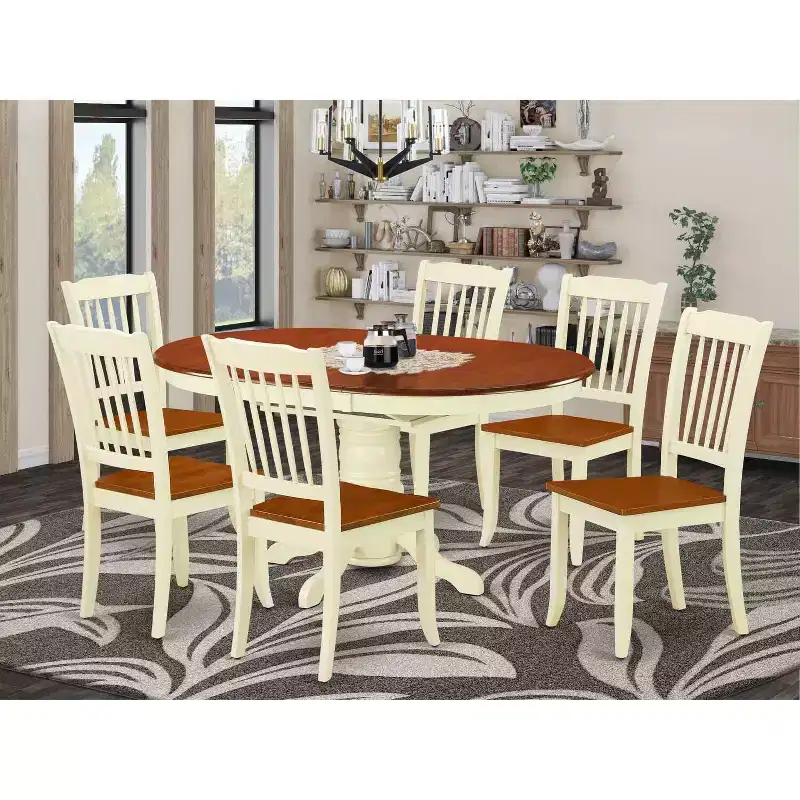 HomeStock 7-Piece Oval Buttermilk & Cherry Finish Solid Wood Top Dining Table with 6-Chairs with Slat Back