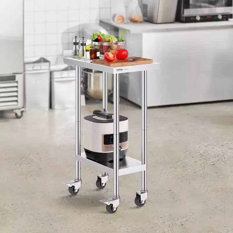 VEVOR 24 x 15 x 40 Inch Stainless Steel Work Table, Commercial Food Prep Worktable with Casters, Heavy Duty Prep Worktable, Metal Work Table