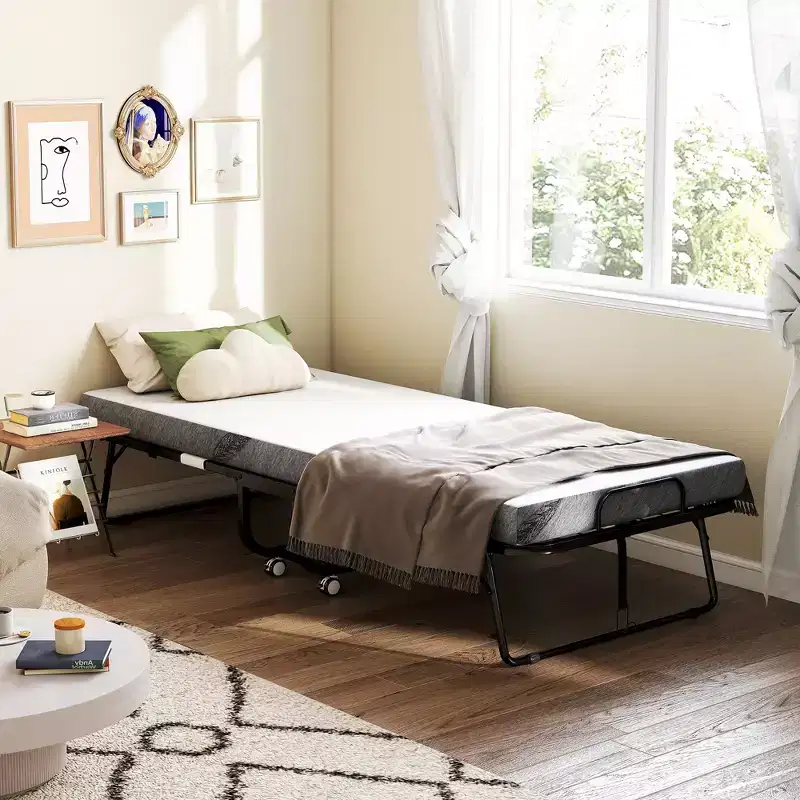 Rollaway Folding Guest Bed with Mattress, Steel Frame & Wheels – 330 lb Capacity, White