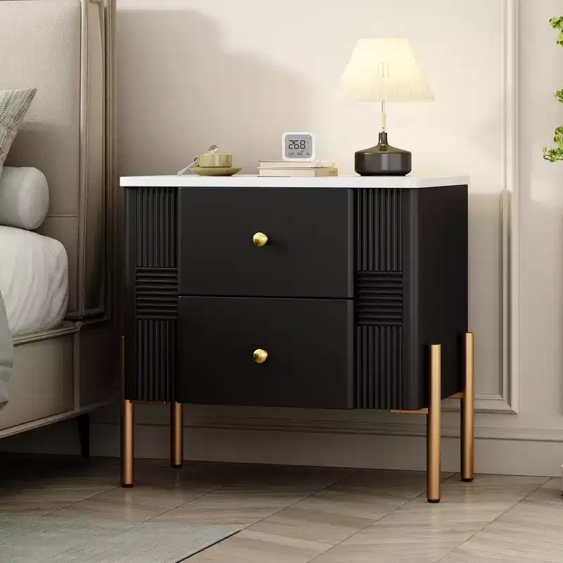Modern Bedside Table, 2 Storage Drawers, Recessed Legs, Gold Metal Handles, Easy Assembly, for Living Room and Bedroom