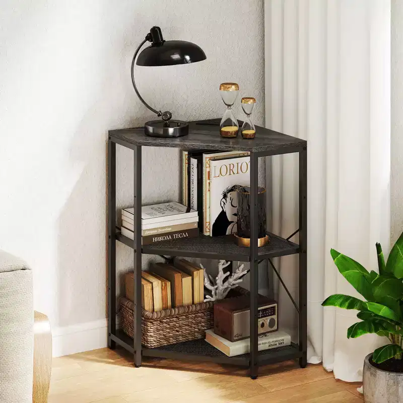 Corner Printer Stand with Charging Station, Adjustable Metal Mesh Shelf, Black/Brown/White