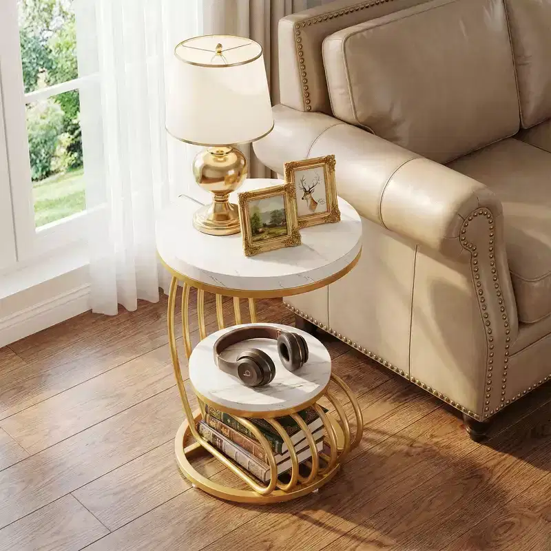 2-Tier Round End Table, Faux Marble Side Table with Storage Shelf