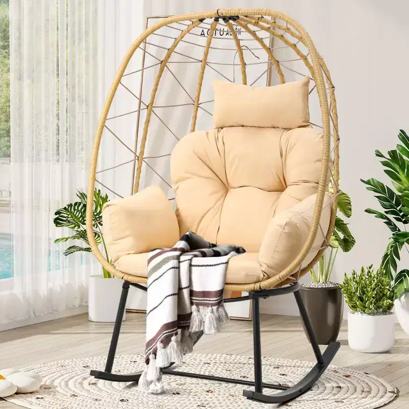 Rocking Egg Chair Wicker Patio Chair Resilient Egg Lounger Chair with Cushioned