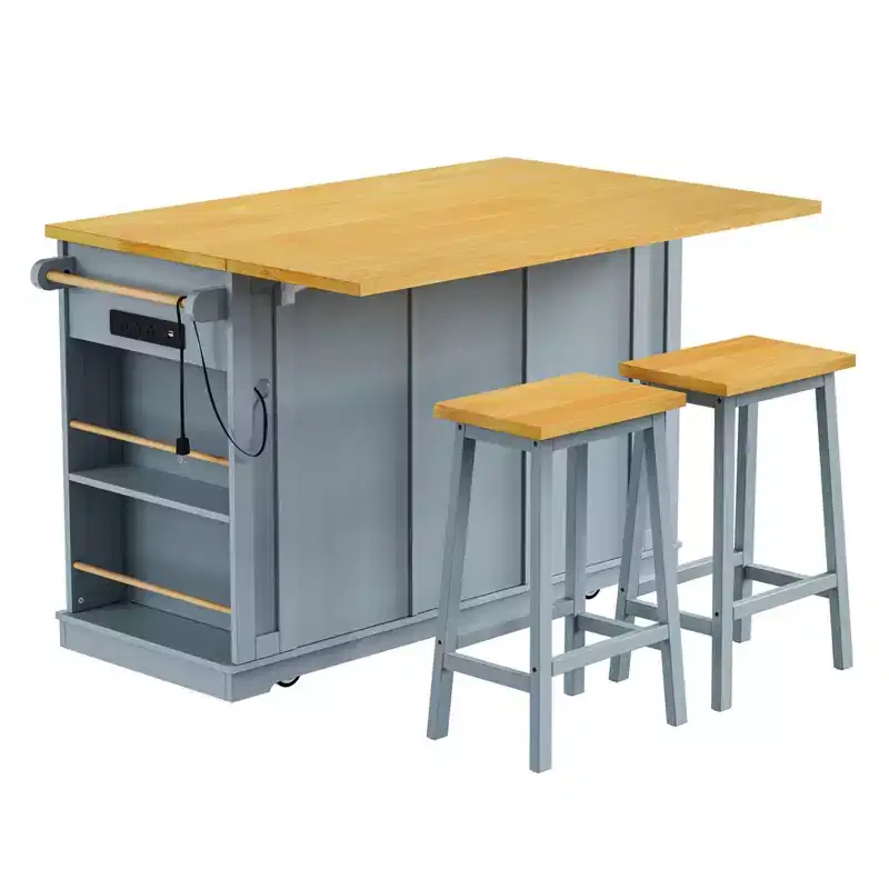CASAINC 50 Kitchen Island With 2 Bar Stools, Drop Leaf, Power Outlet, Open Racks and Drawers on Wheels