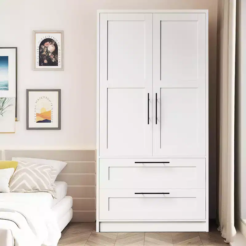 Modern Wooden Bedroom Wardrobe, Freestanding Wardrobe Clothing Storage Cabinet with Door and Shelves, Easy Assembly, for Bedroom, Laundry Room