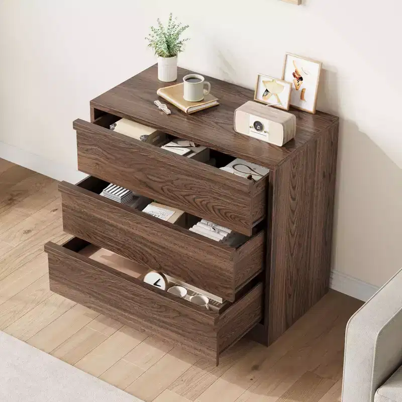 GustoWave 3 Drawer Walnut Nightstand for Bedroom, 30in Tall Small End Table with Large Storage & Anti-Tip Design