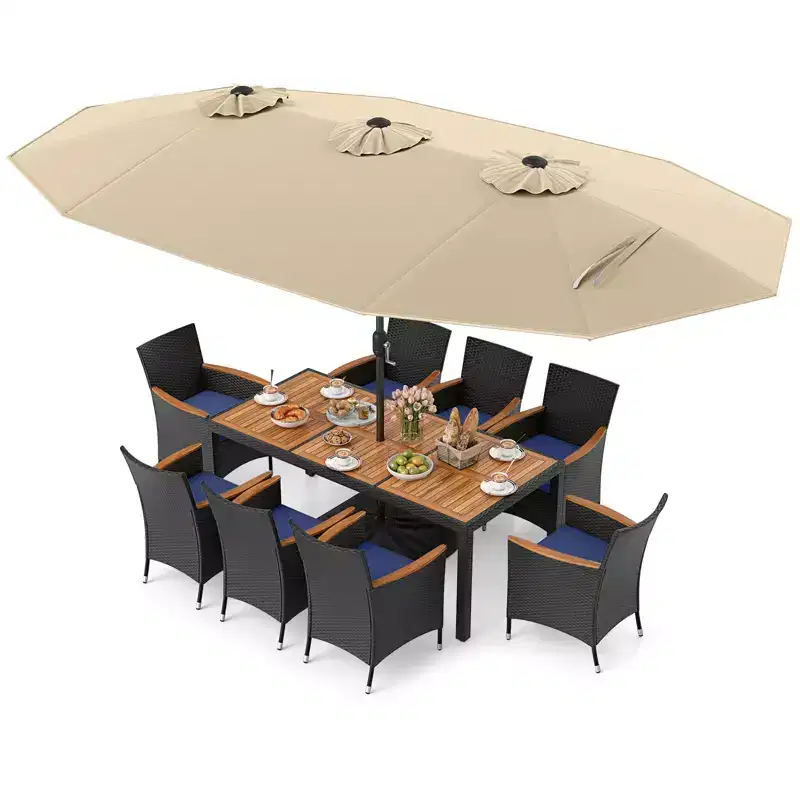 Costway 11 PCS Patio Wicker Dining Set with Double-Sided Outdoor Umbrella 8 Chairs Orange/Turquoise
