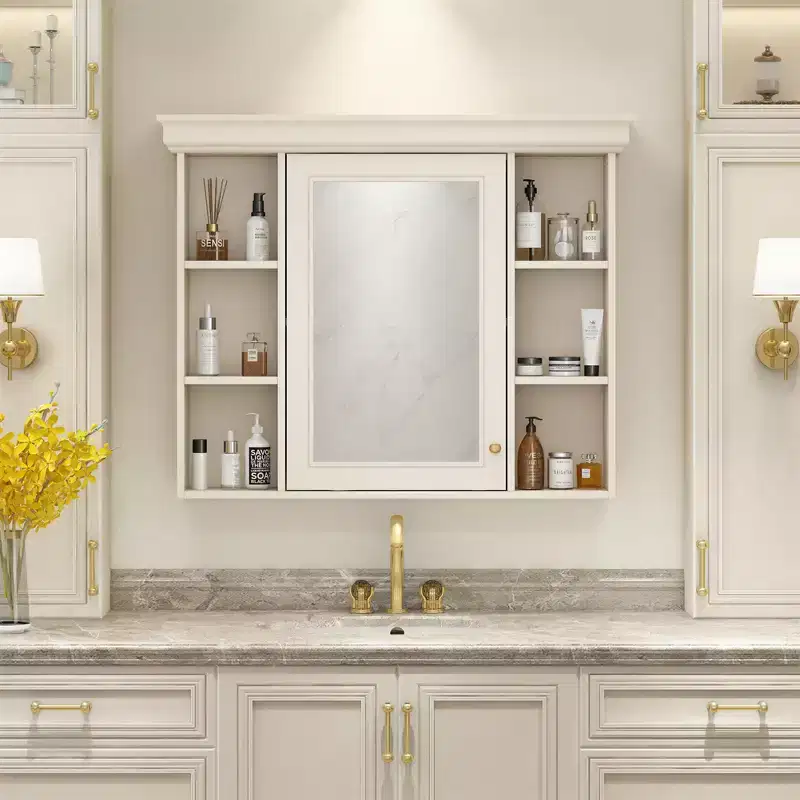 Bathroom Cabinet with Mirror, Modern Wall Mounted Bathroom Storage Cabinet with 6 Open Shelves, Soft-Close Door, Freestanding