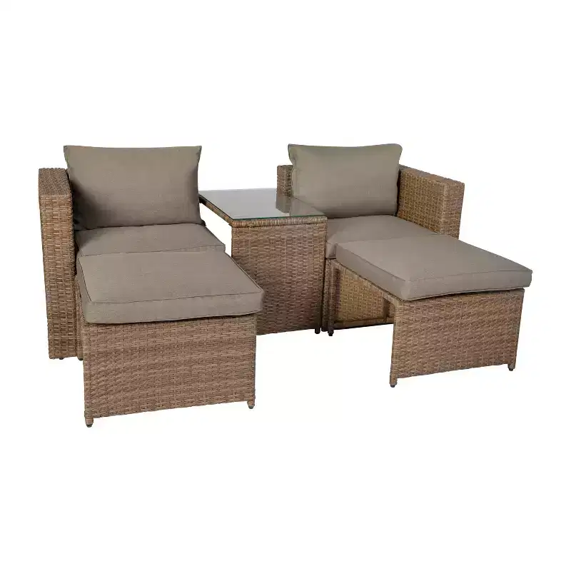 Emma and Oliver Indoor/Outdoor Modular Loveseat Sofa Set with Ottomans and Glass-Top Table