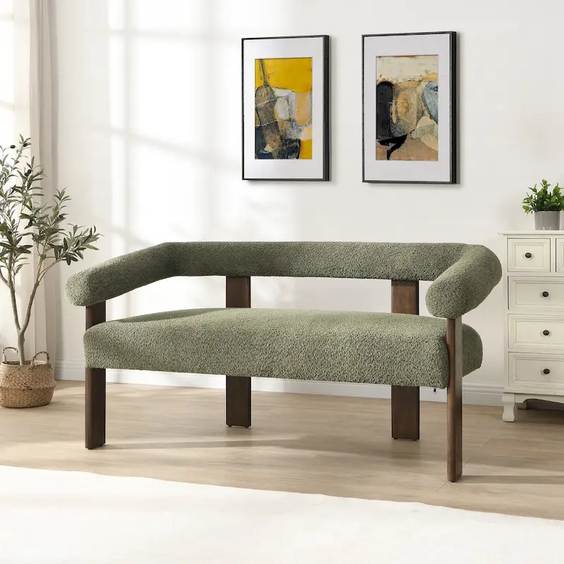 Green+Brown / Beige+Natural / Black+Brown 2-Seat Loveseat, C-Back Round Armrest, Rubberwood Frame
