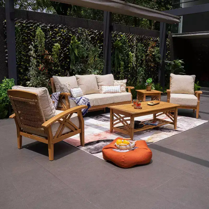 Sonoma Lane Eola 5pc Teak Outdoor Patio Conversation Set with Tan Zippered Cushions – Weather-Resistant