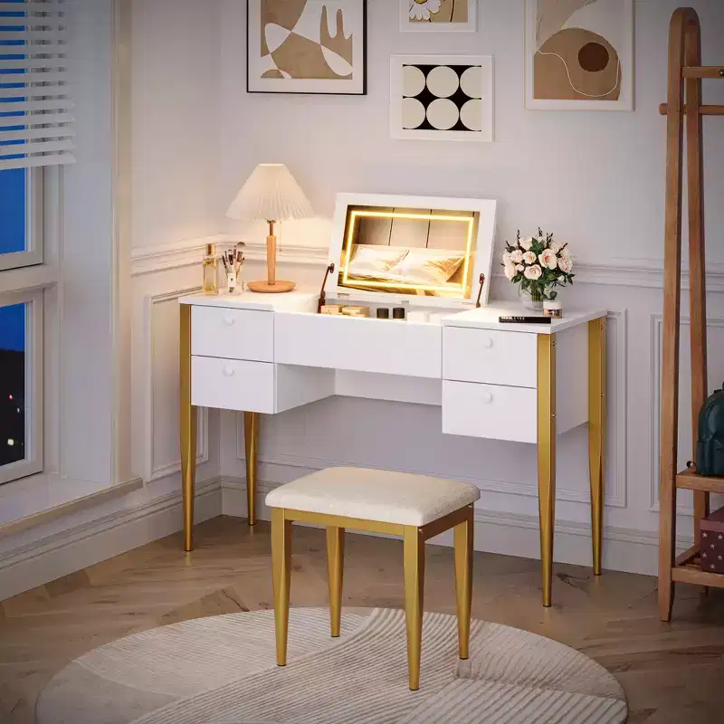 Small Vanity Desk with LED Mirror, Flip Top & Drawers for Bedroom