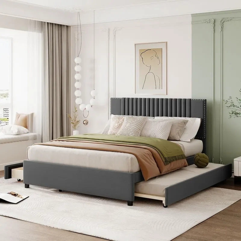 Linen Upholstered Platform Bed with 2 Drawers and Trundle,Queen/Full Size