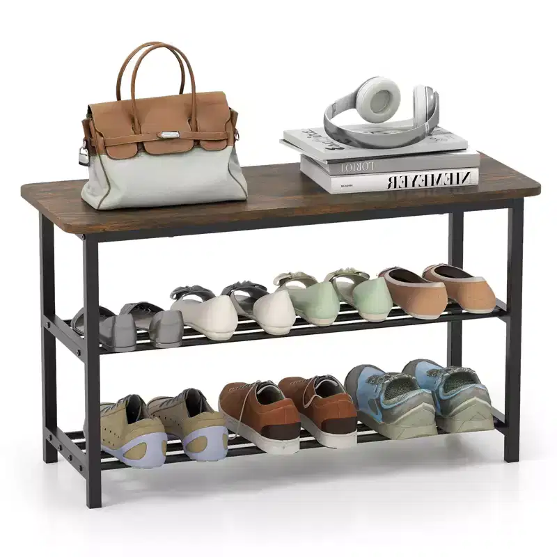 3-Tier Shoe Rack Bench w/ Heavy Duty Metal Frame & 300 lbs Seat for Hallway