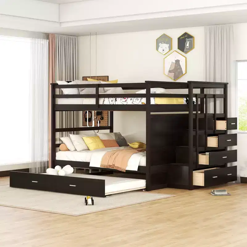 Full Over Full Bunk Bed with Twin Trundle, Storage Drawers & Staircase, Wooden Loft Bed Frame