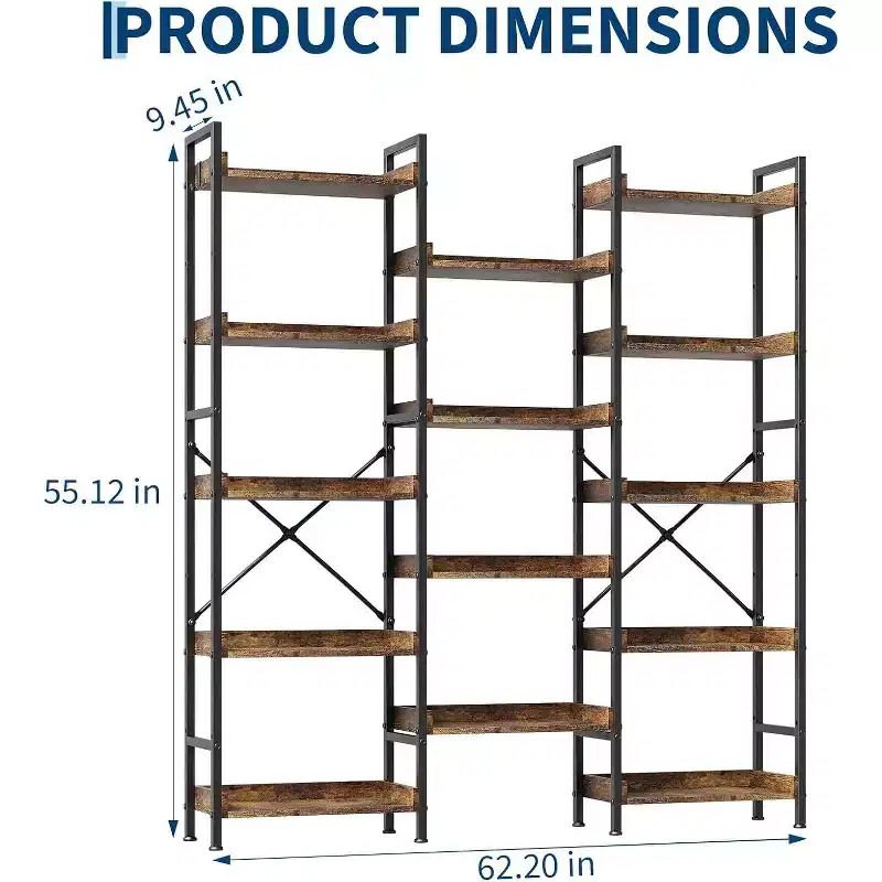 Triple 5-Tier Industrial Bookshelf,Wooden Bookcase with 14 Open Shelves,Sturdy Metal Frame,Storage Rack for Living Room, Bedroom, Home Office