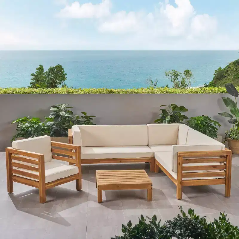 Christopher Knight Home Oana Outdoor Acacia Wood 6 Seater Sectional Sofa Chat Set with Cushions
