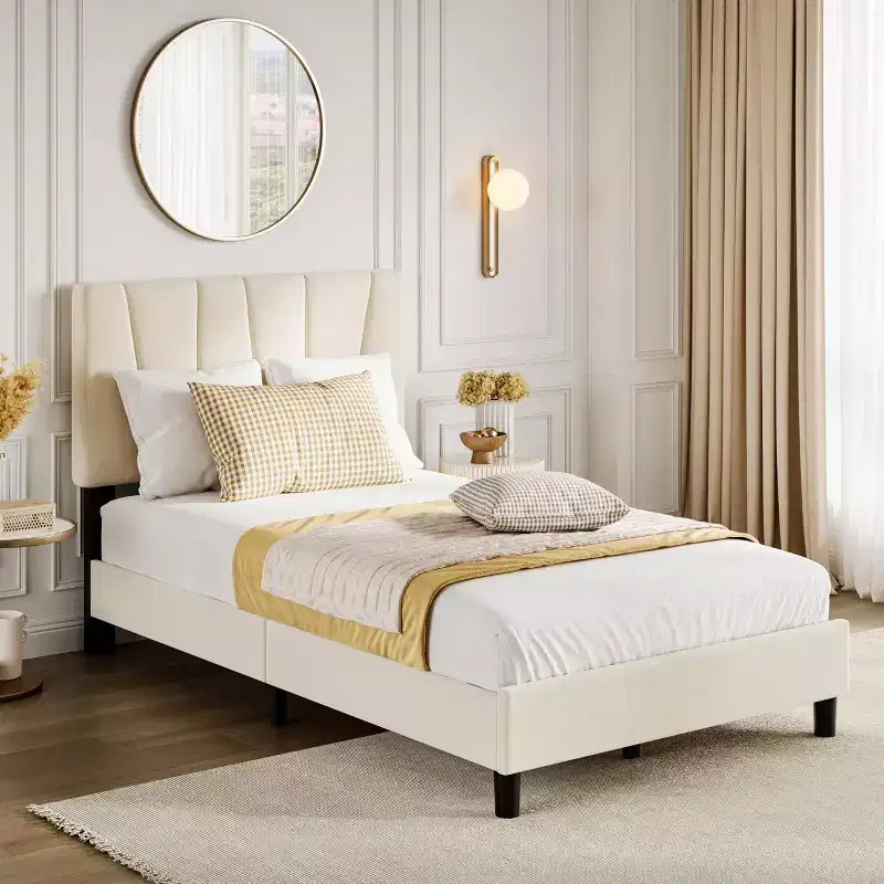 Set of 2 Twin Size Bed Frame with Adjustable Headboard, Velvet Upholstered Tufted Full Platform Bedframe with Strong Wooden Slats